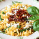 Trucioli pasta with runner beans, dried tomatoes and feta cheese