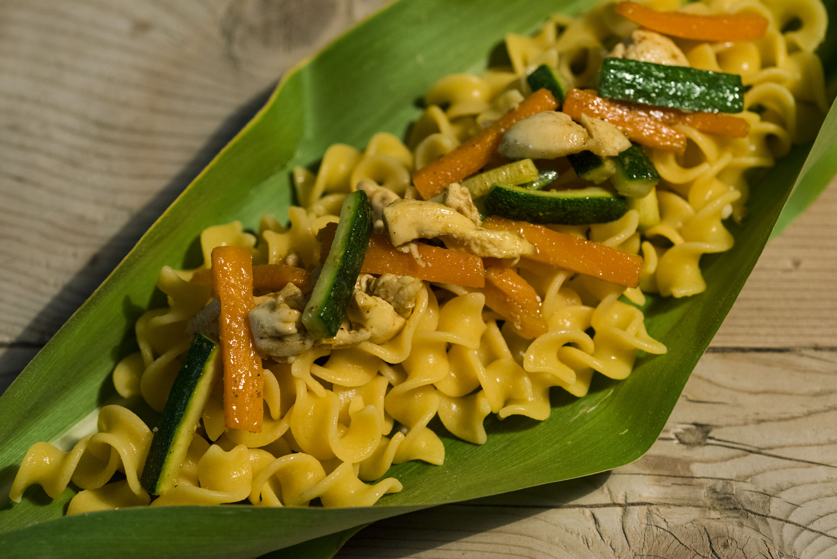 Gluten free pasta with curry chicken and vegetables